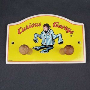 HMCo Vintage 1996 Curious George Ceramic Wall Hangar 2 Wooden Pegs CUTE!